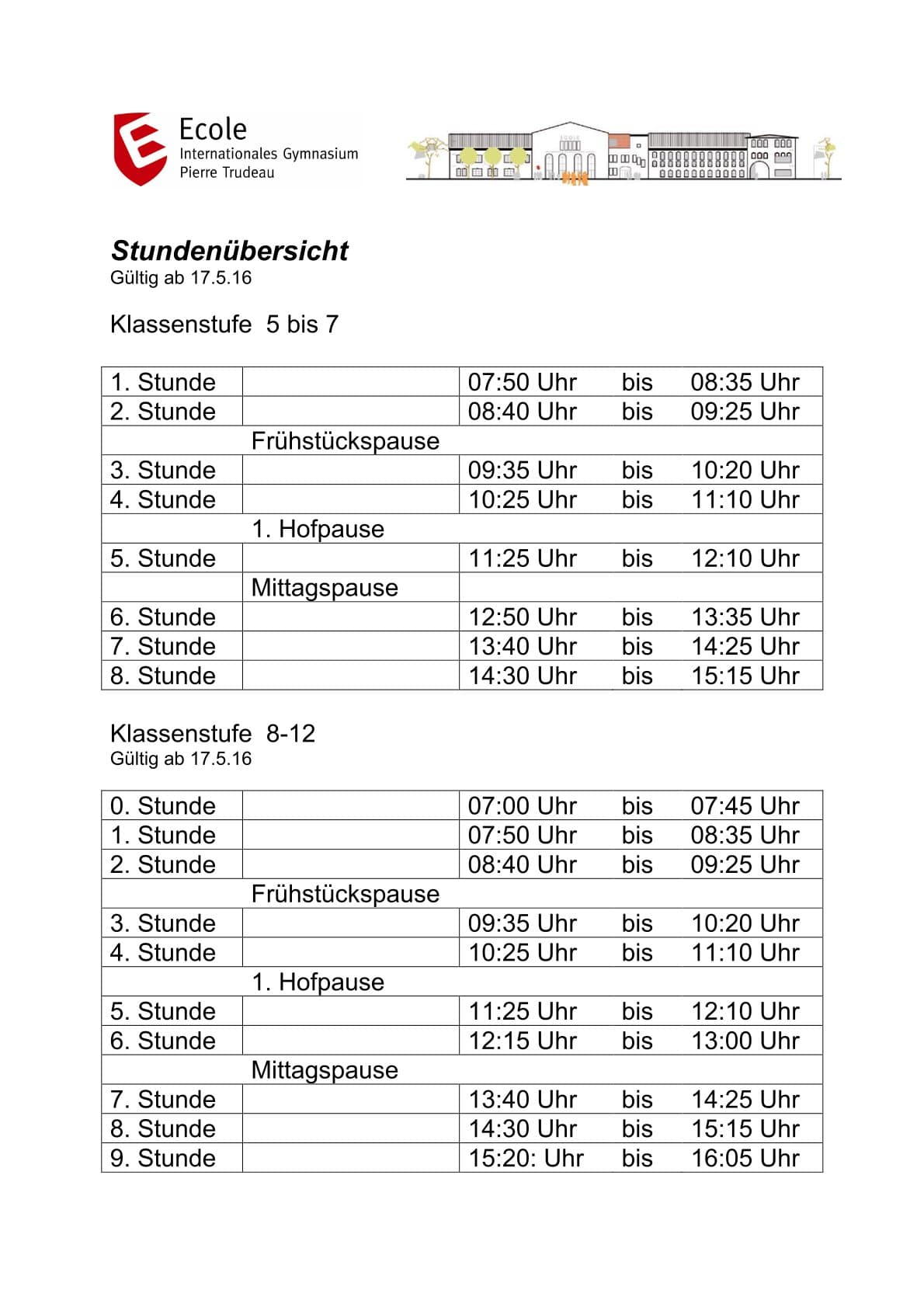 2. Stundenuebersicht Pausen und Unterrichtszeiten