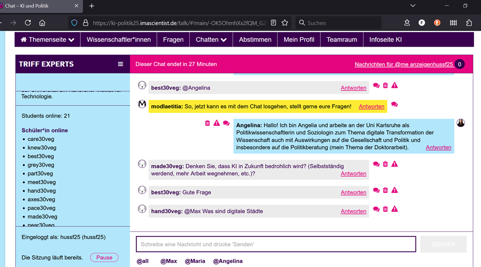 Chat-Oberfläche einer digitalen Plattform mit Nachrichten von verschiedenen Mitgliedern.