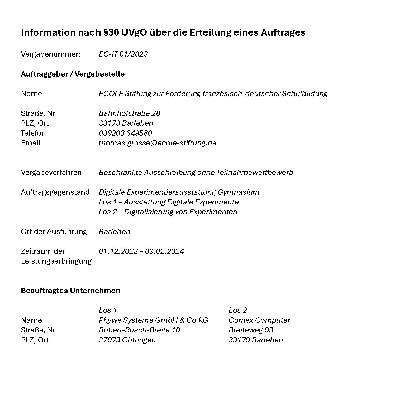 Vergabedokument mit Angaben zu Auftraggeber, Kontaktdetails, Verfahrensnummer und Auftragnehmer.