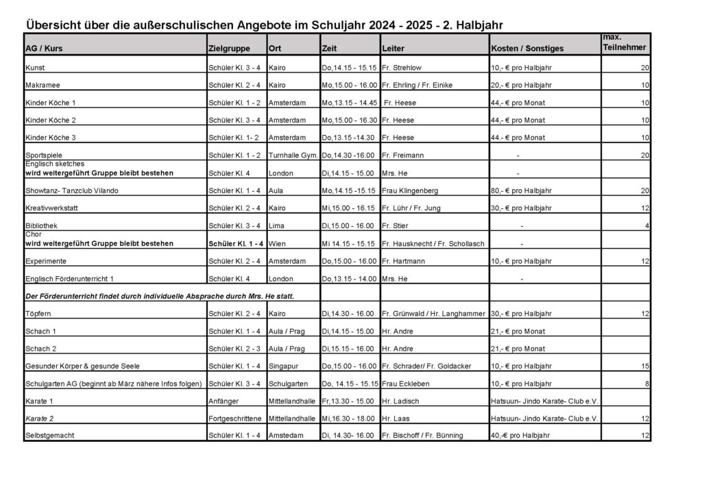 Eine Tabelle zeigt außerschulische Angebote im Schuljahr 2024-2025, 2. Halbjahr, für Schüler.