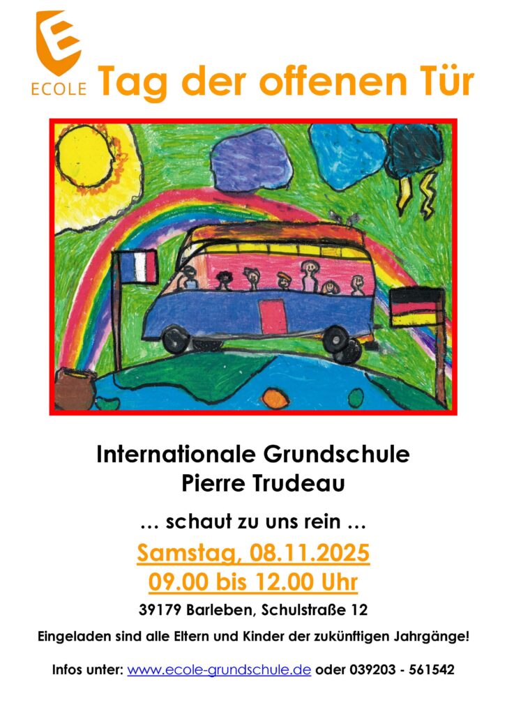 Buntes Kinderbild mit Bus und Regenbogen. Einladung zur Ecole Tag der offenen Tür am 08.11.2025.