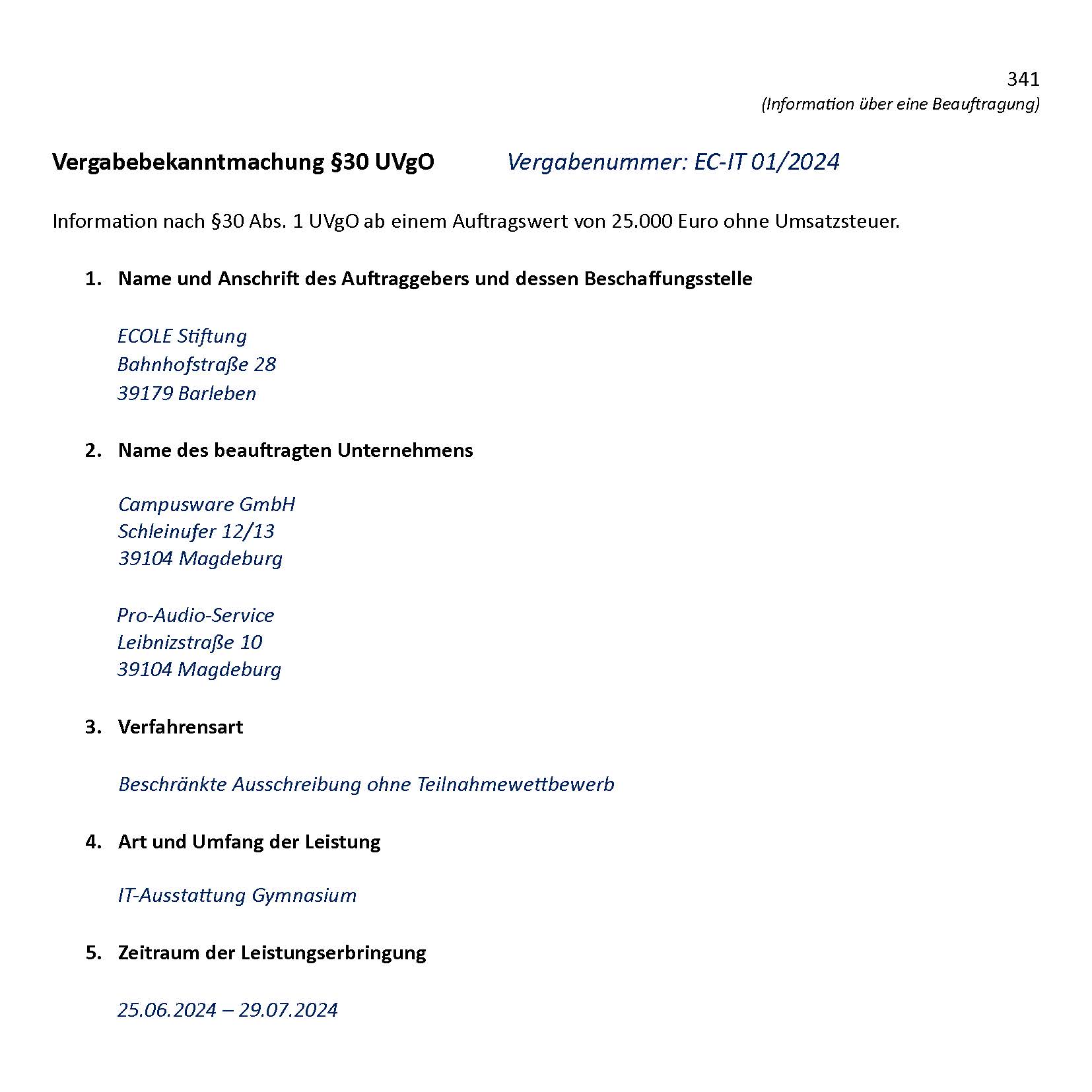 Dokumentseite mit Informationen zu einer Vergabebekanntmachung, strukturiert in Absätze.