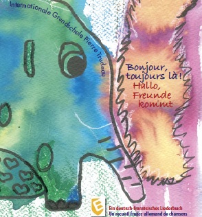 Bunte Elefantenillustration mit herzförmigen Ohren und Text in Französisch und Deutsch.