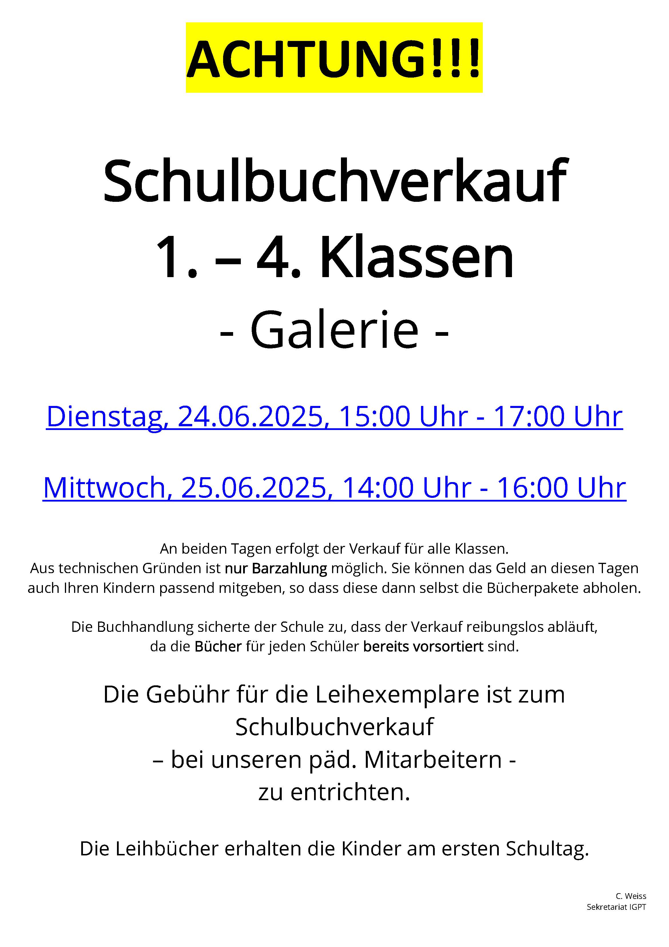 Aushang mit Details zum Schulbuchverkauf für Klassen 1–4, Terminen und Gebühren.