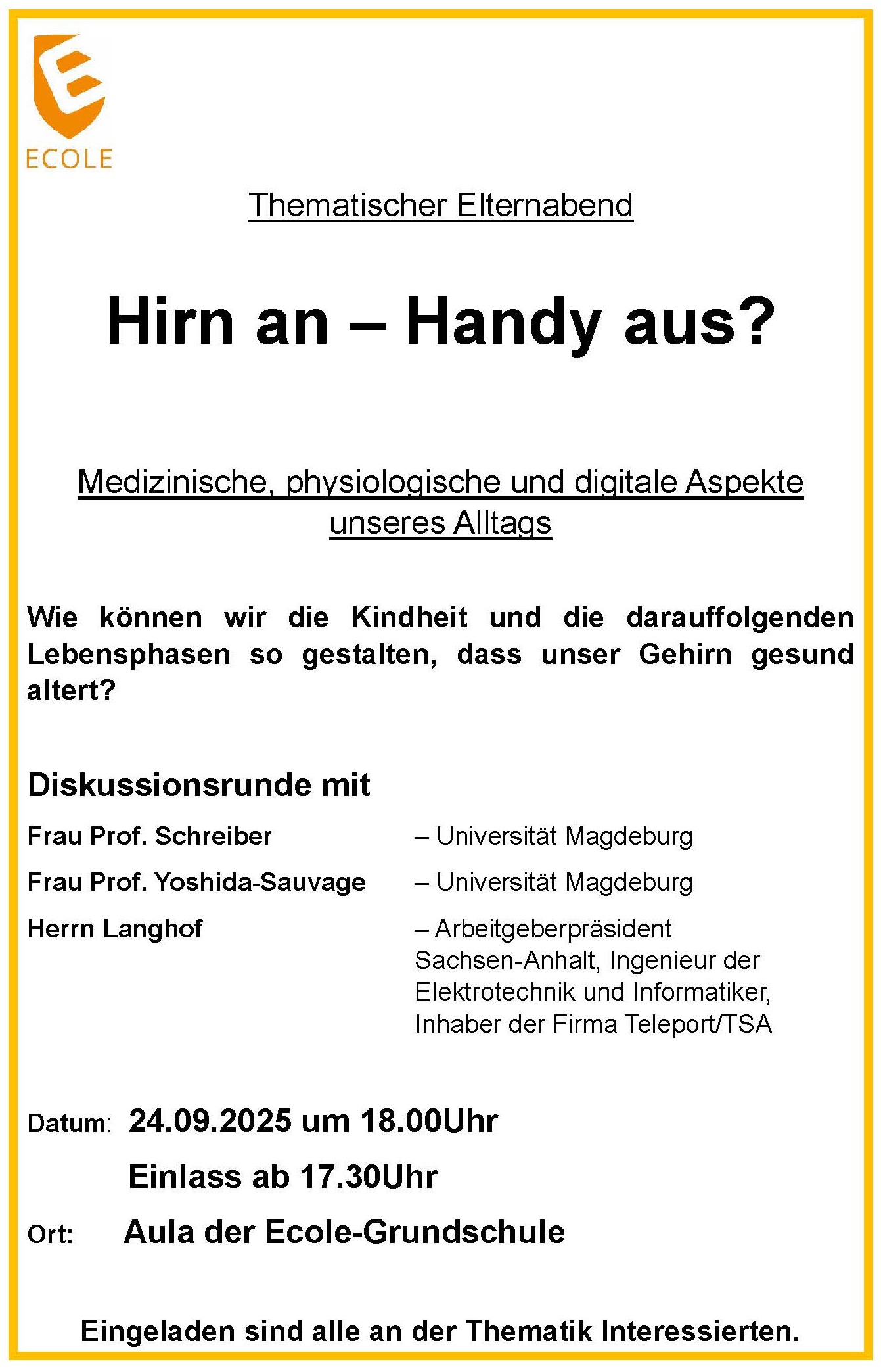 Einladung zum Themenabend "Hirn an – Handy aus?" mit Details zur Diskussionsteilnahme.