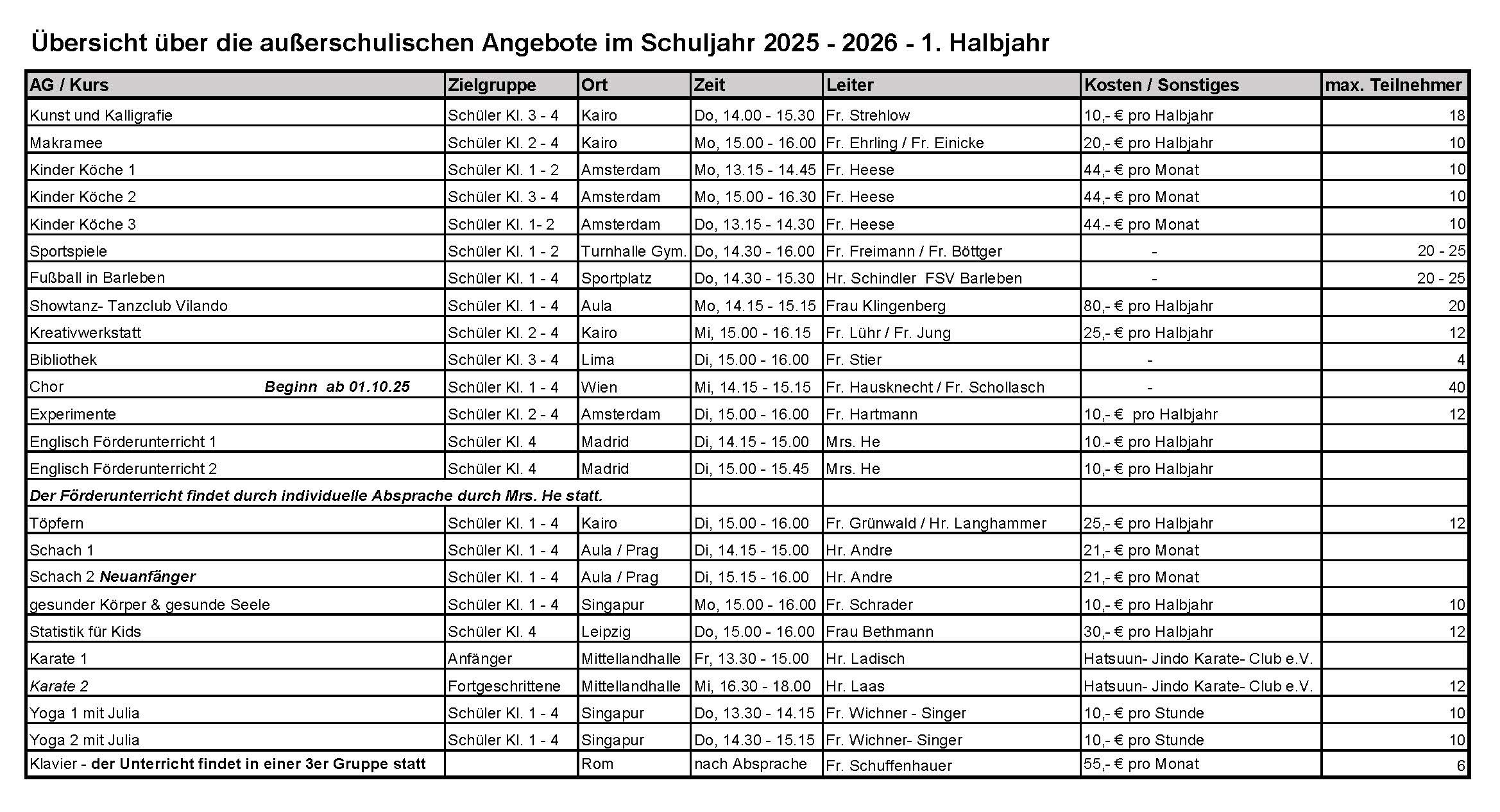 Eine Tabelle listet AGs und Kurse für das Schuljahr 2025/26 auf.