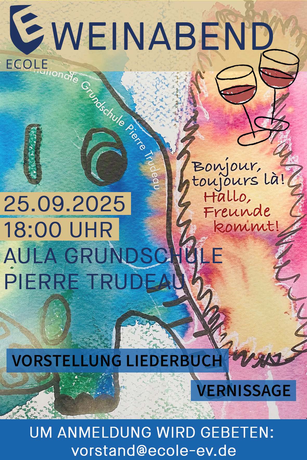 Ein bunter Flyer für einen "Weinabend" an der Schule mit Datum und Uhrzeit.