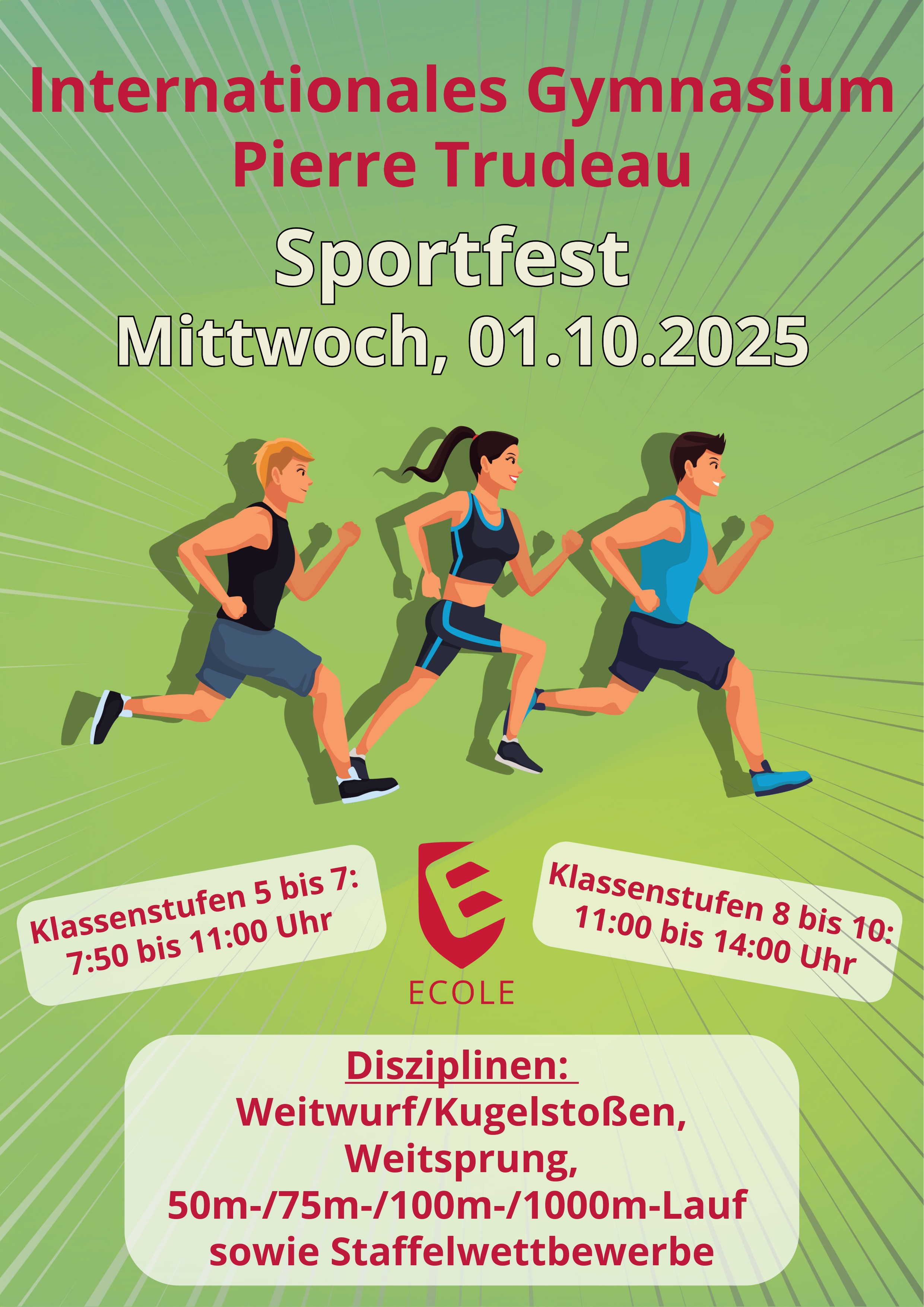 Eine Ankündigung für ein Sportfest mit vier laufenden Personen und Veranstaltungsdetails in der Mittagszeit.