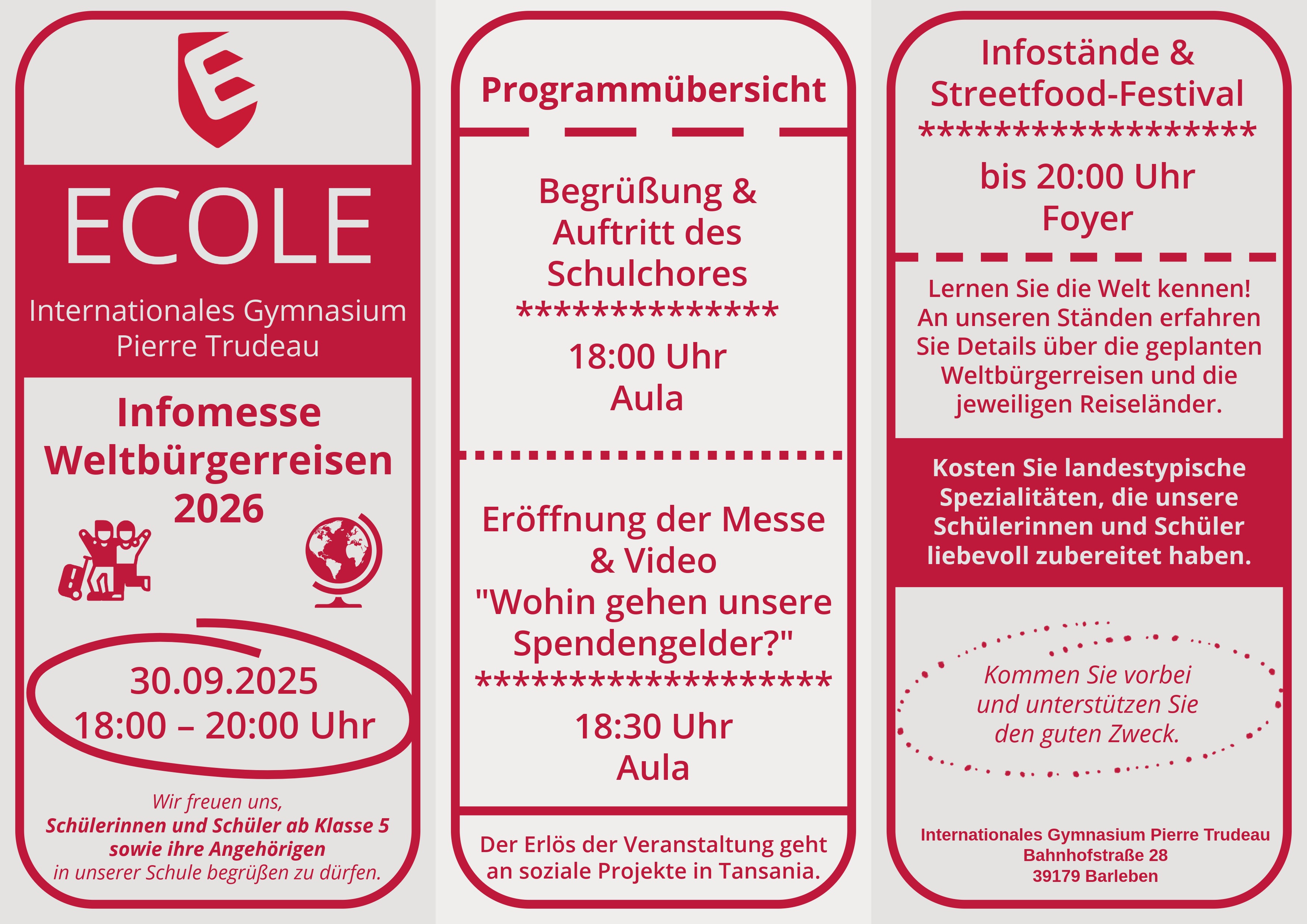 Ein Informationsplakat über die Infomesse Weltbürgerreisen 2026 in einem Gymnasium, mit Details über Veranstaltungen und Schulprojekte in Rot und Weiß.