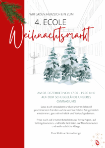 Einladende Illustration mit verschneiten Tannen im Vordergrund und roten Akzenten