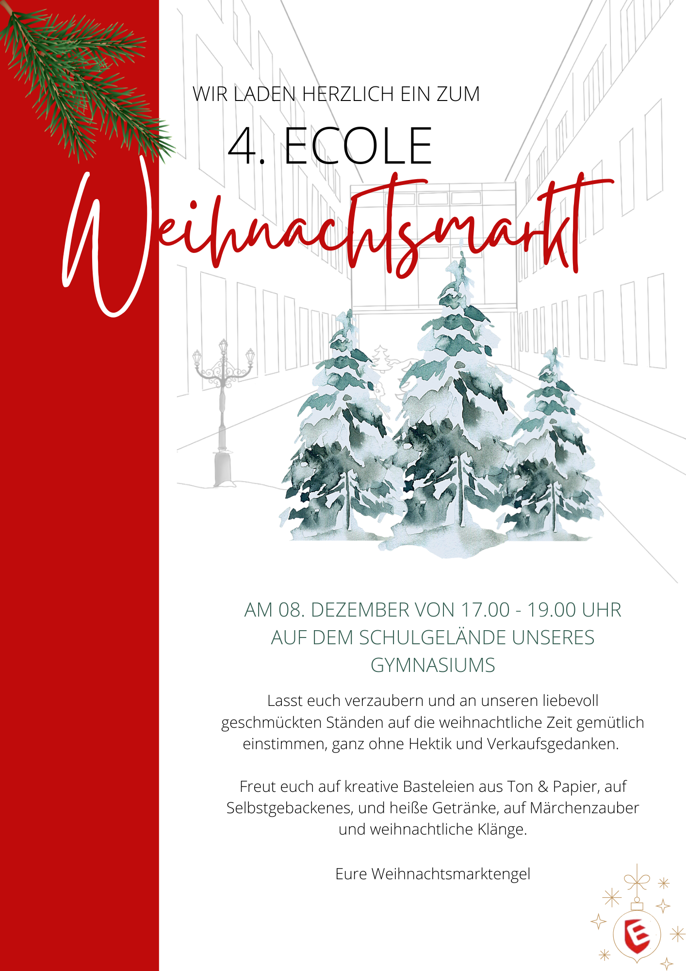 Einladende Illustration mit verschneiten Tannen im Vordergrund und roten Akzenten