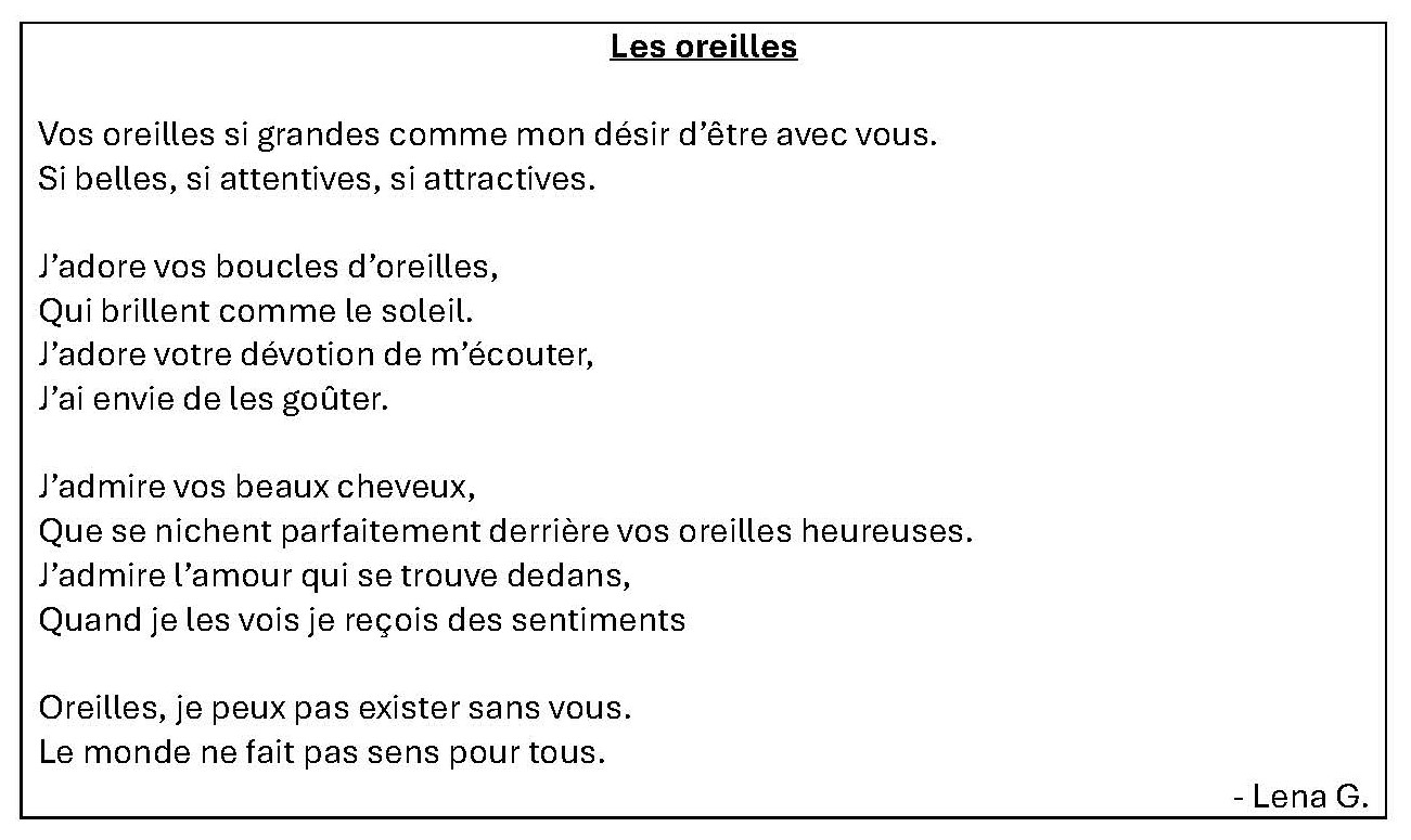 Weißes Blatt mit einem französischen Gedicht über Ohren, verfasst von Lena G