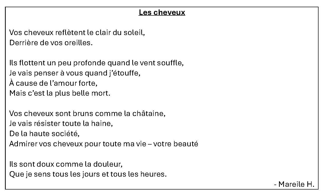 Weißes Blatt mit einem französischen Gedicht in schwarzer Schrift von Mareile H