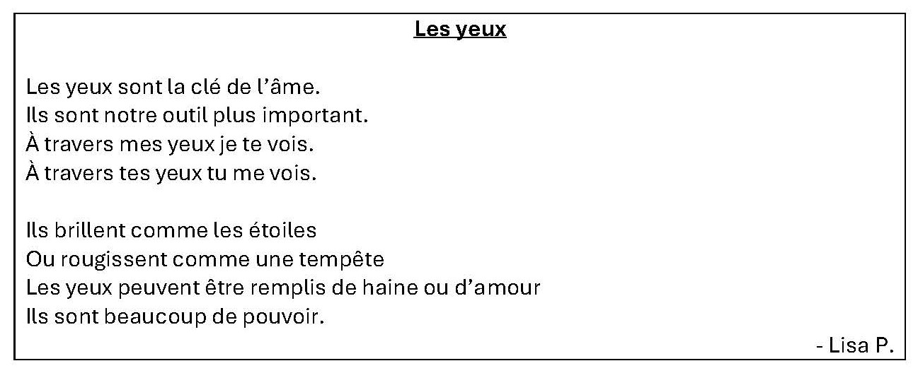 Schwarz umrahmtes Gedicht über Augen, geschrieben von Lisa P, schwarzer Text auf Weiß