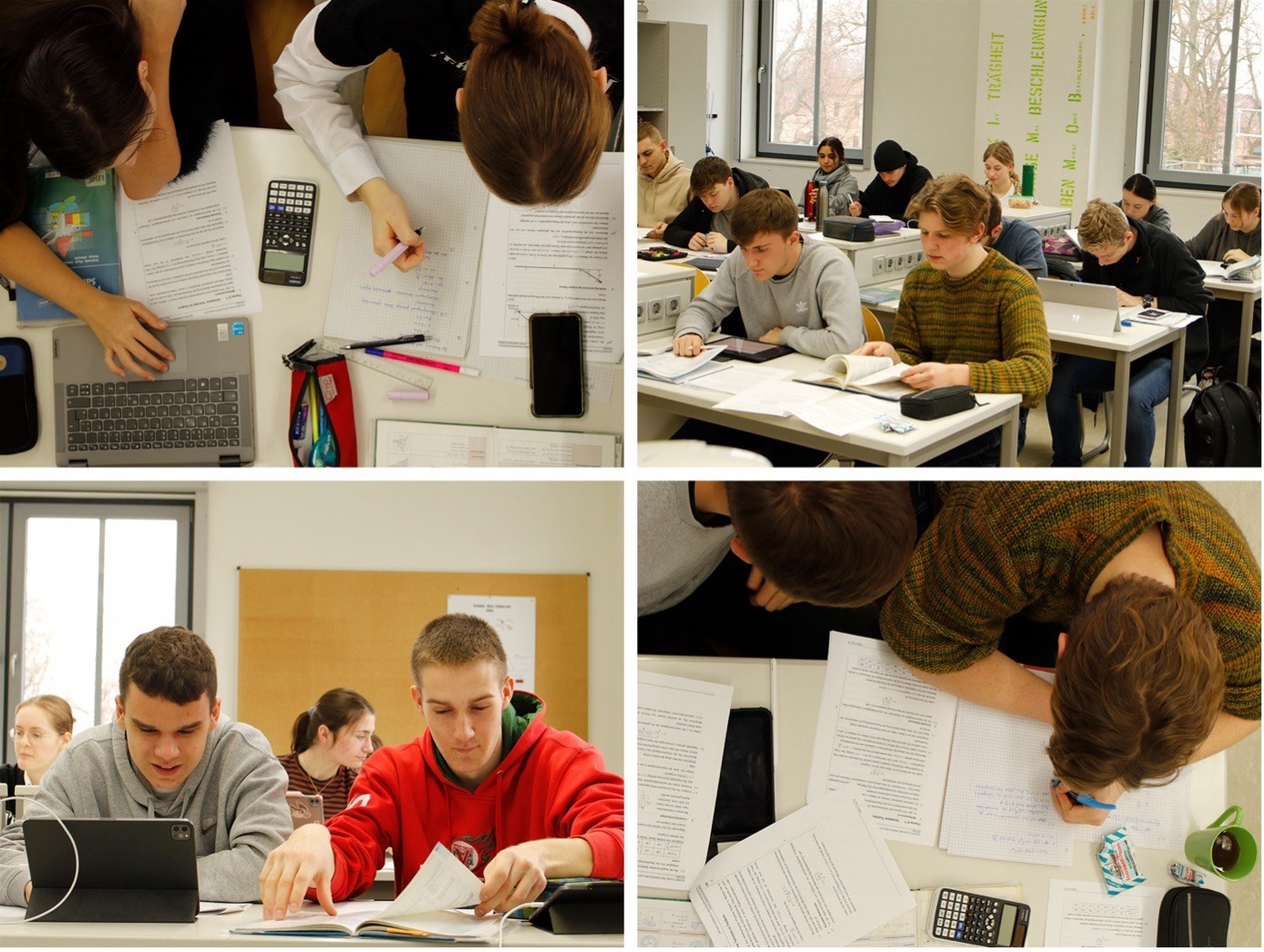 Studierende arbeiten konzentriert in Gruppen an Schreibtischen mit Notizen und Taschenrechnern