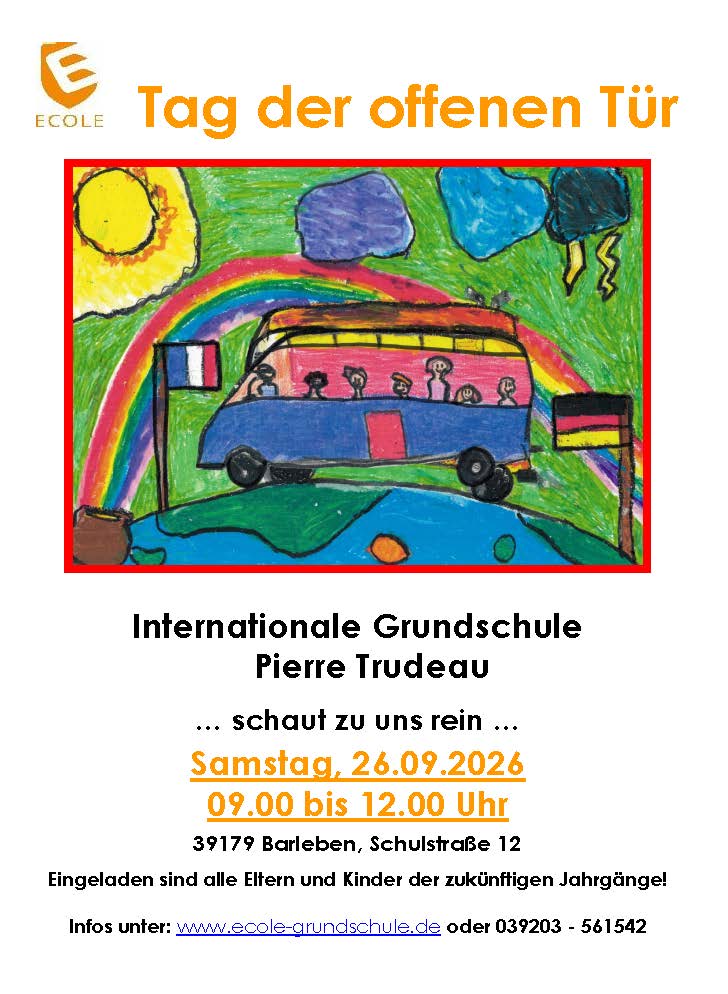 Buntes Kinderbild mit fröhlichem Bus, Regenbogen und wehender Deutschlandflagge