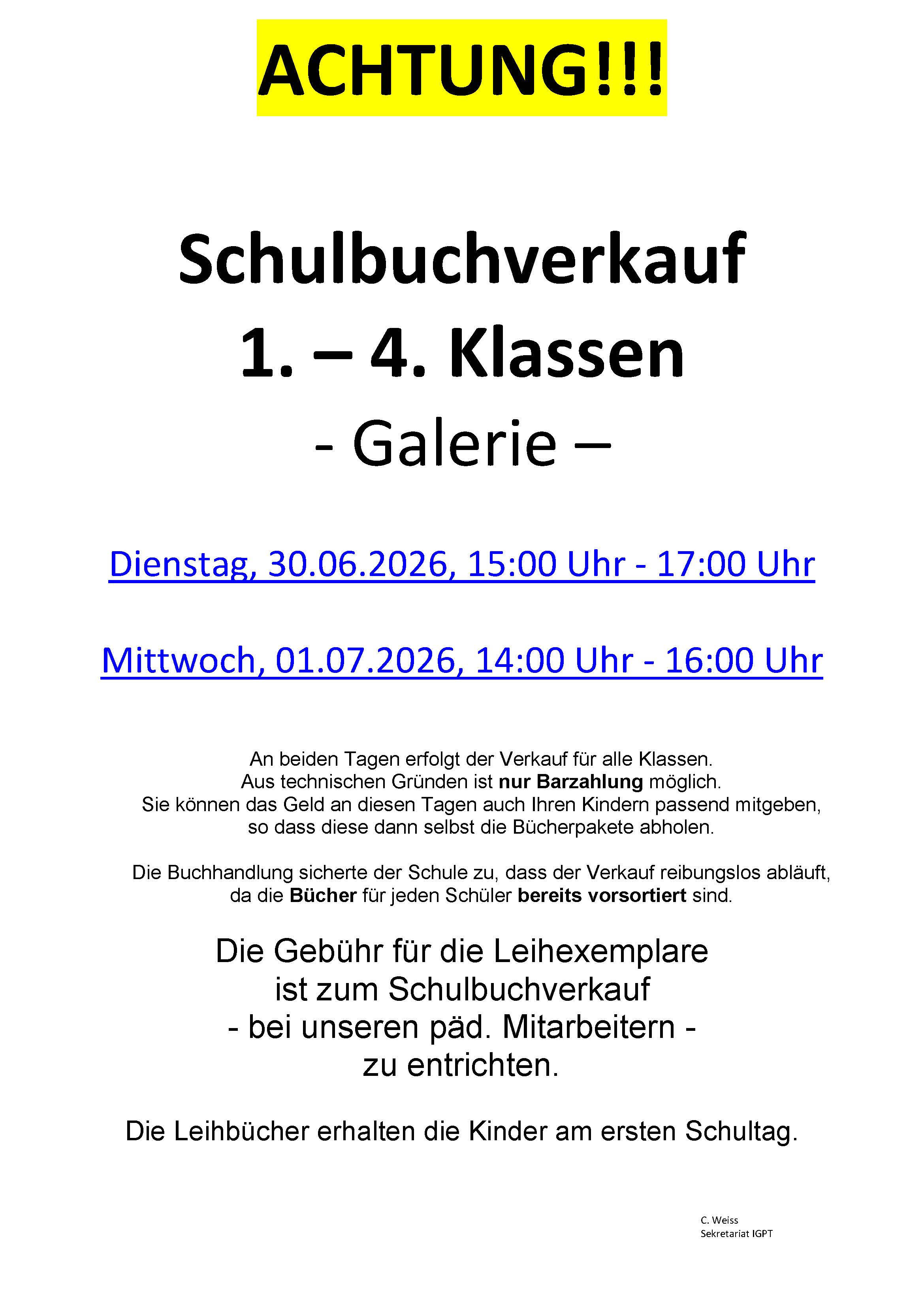 Hinweisblatt mit gelber Achtung Überschrift und Informationen zum Schulbuchverkauf
