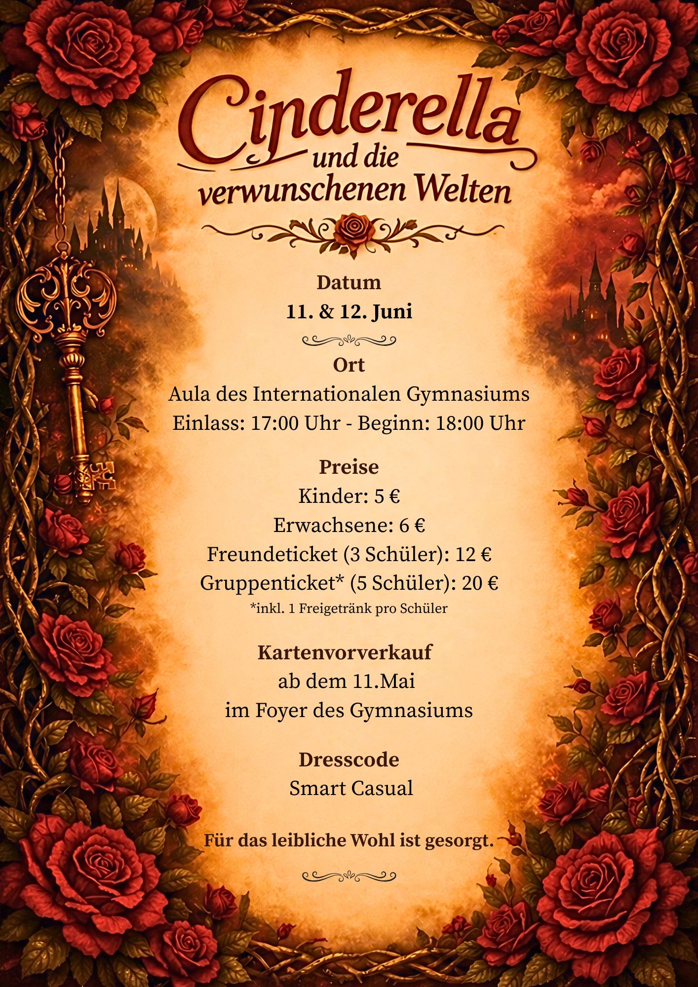 Ein reich verziertes Plakat mit roten Rosen und goldener Schrift zeigt märchenhafte Details