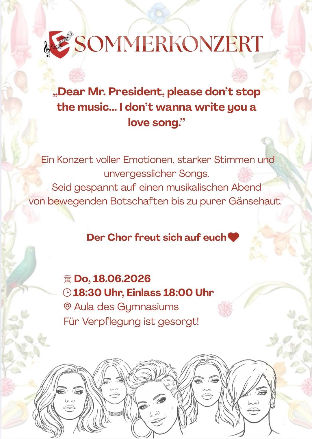 Sommerkonzert Plakat mit roter Schrift auf hellem Blumenhintergrund und Herzen