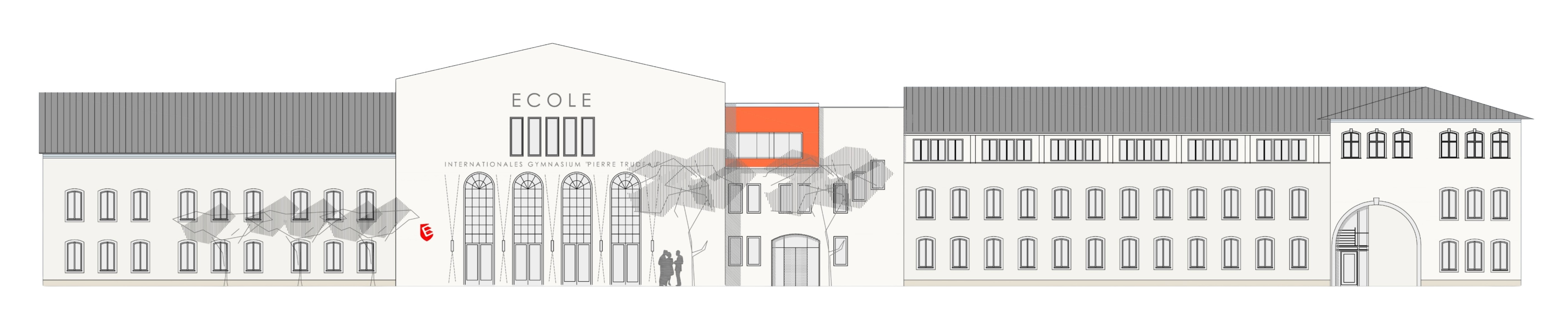 Graue Schulgebaeude mit rotem Balkon und Personen im Hof, ruhig