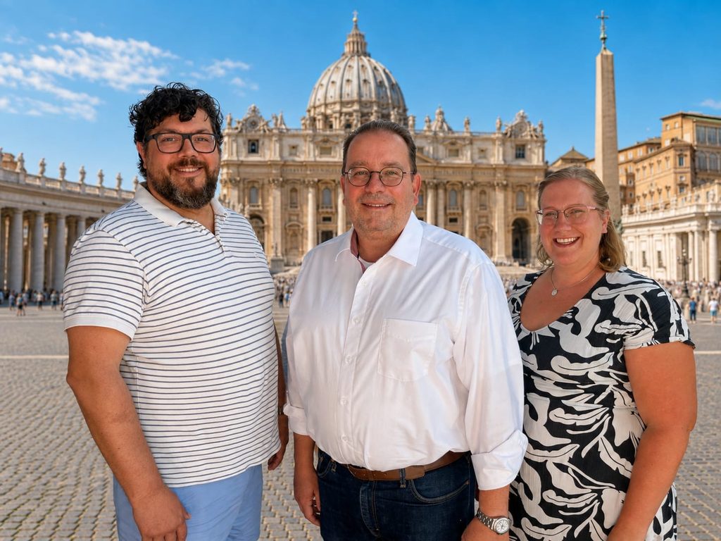 Drei laechelnde Personen mit Brillen stehen vor dem Petersdom im Vatikan
