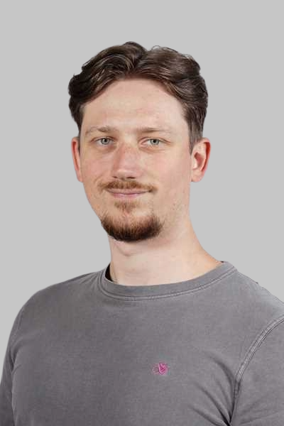 Junger Mann mit Bart und braunen Haaren, laechelnd im grauen Shirt